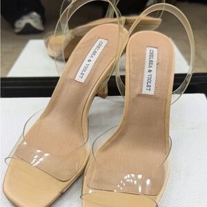Chelsea & Violet Beige Clear Strap Slingback Heels